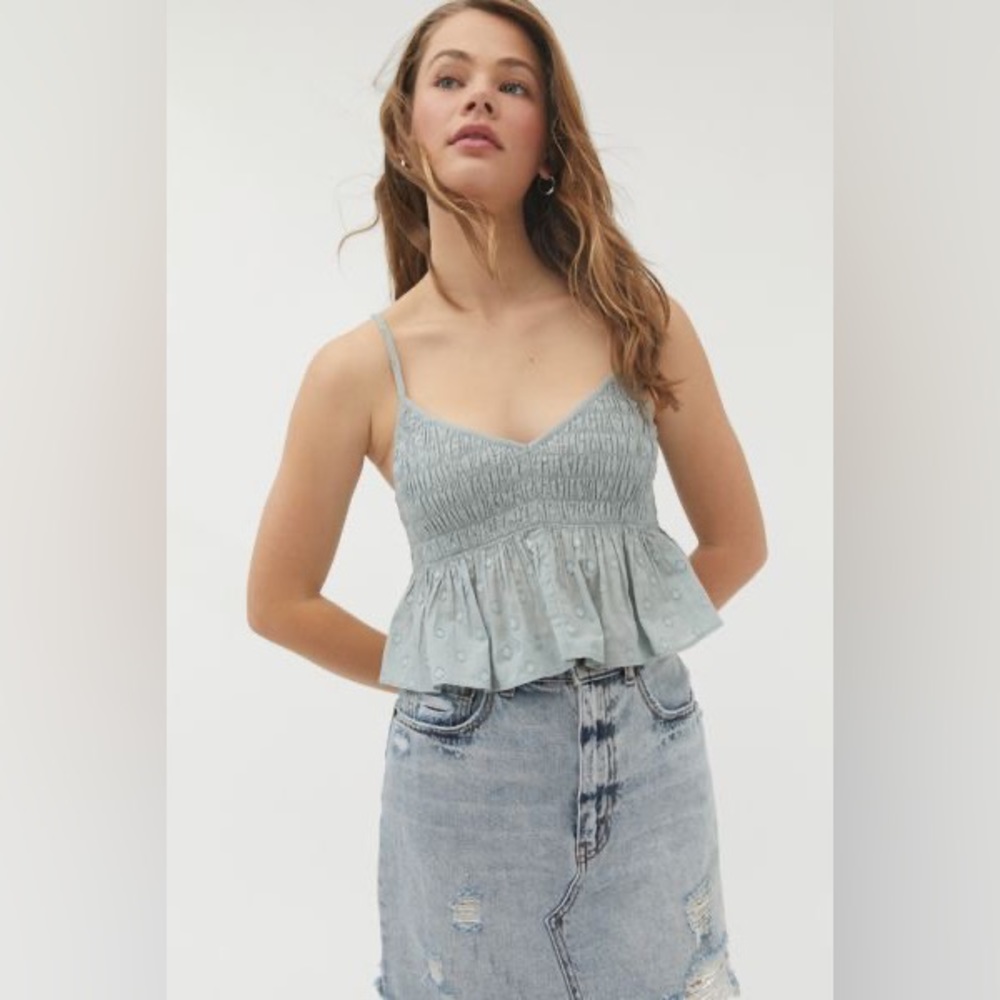 UO Cleo Smocked Clip Dot Babydoll Top Size XS